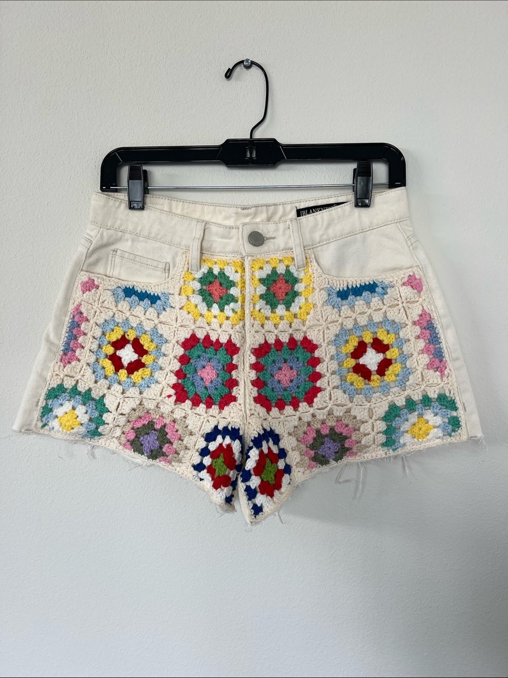 Blank NYC Cream Crochet Patchwork Jean Shorts with Multicolor Squares